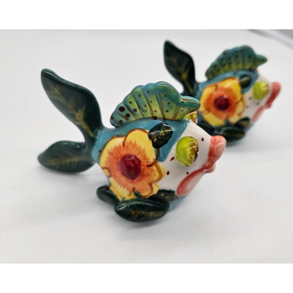Blue Sky Ceramic Tropical Fish Salt and Pepper Shakers Floral Hand Painted Set